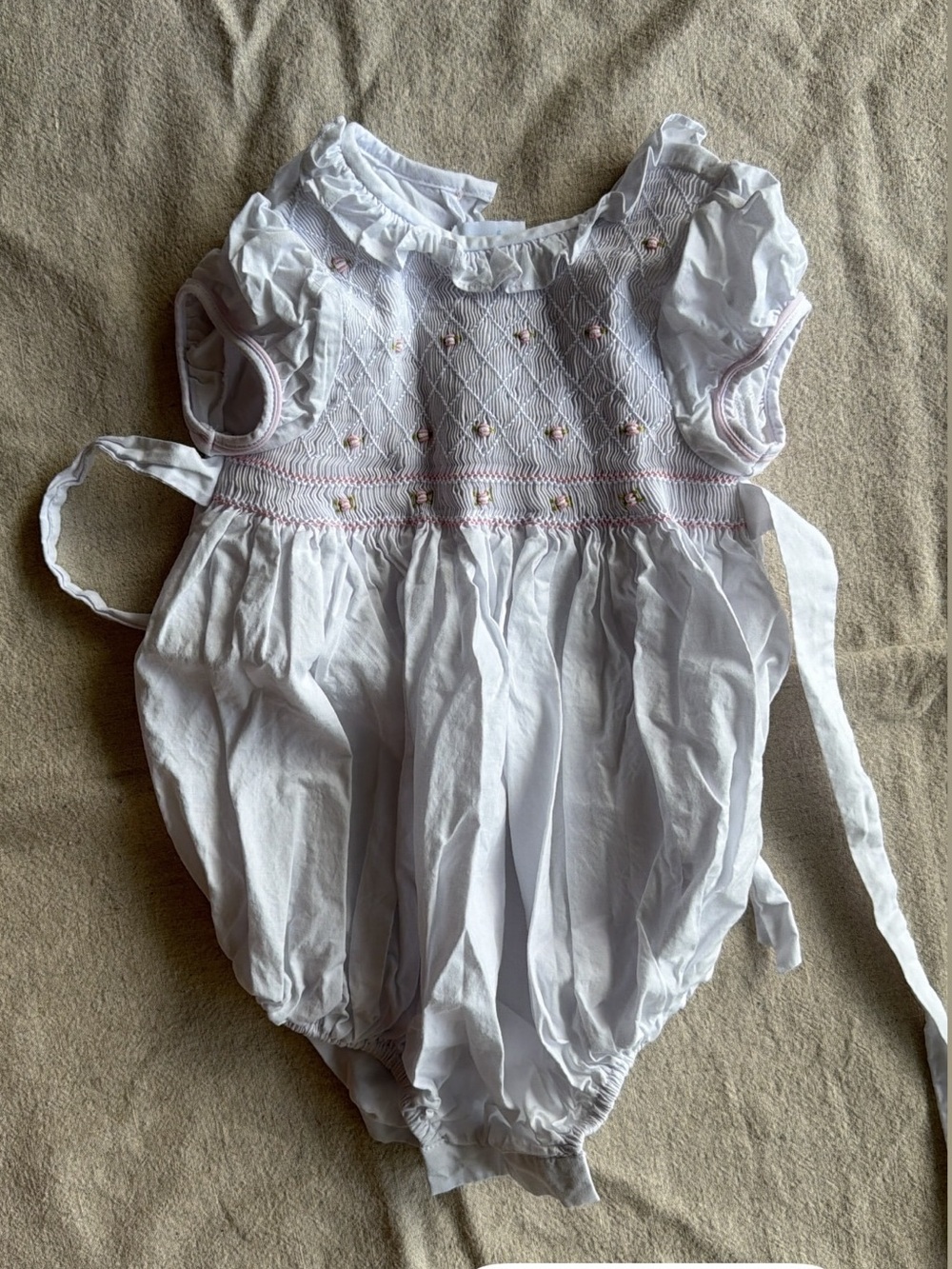 Little English White Baby Girls Smocked One-Piece with Pink Embroidery